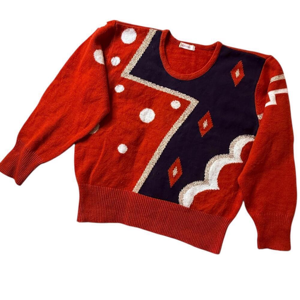 Elmorea Red Geometric Metallic Wool Blend Sweater 80s Abstract Design M